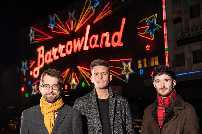 Left to right - Dr Matt Brennan, a Reader in Popular Music at the University of Glasgow; Glasgow PhD student Robert Allan, also a founding and current member of the band Glasvegas and Robert Kilpatrick, Creative Projects and Communications Director of the Scottish Music Industry Association (SMIA) in front of the iconic Glasgow Barrowland Ballroom. Dr Matt Brennan, a Reader in Popular Music at the University of Glasgow; Glasgow PhD student Robert Allan, also a founding and current member of the band Glasvegas and Robert Kilpatrick, General Manager of the Scottish Music Industry Association (SMIA) in front of the iconic Glasgow Barrowland Ballroom music venue